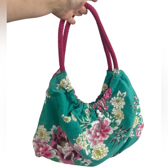 Accessorize Italian Venetian Green Pink Tote Shoulder Bag Tassel Bead Sequin - Picture 5 of 11